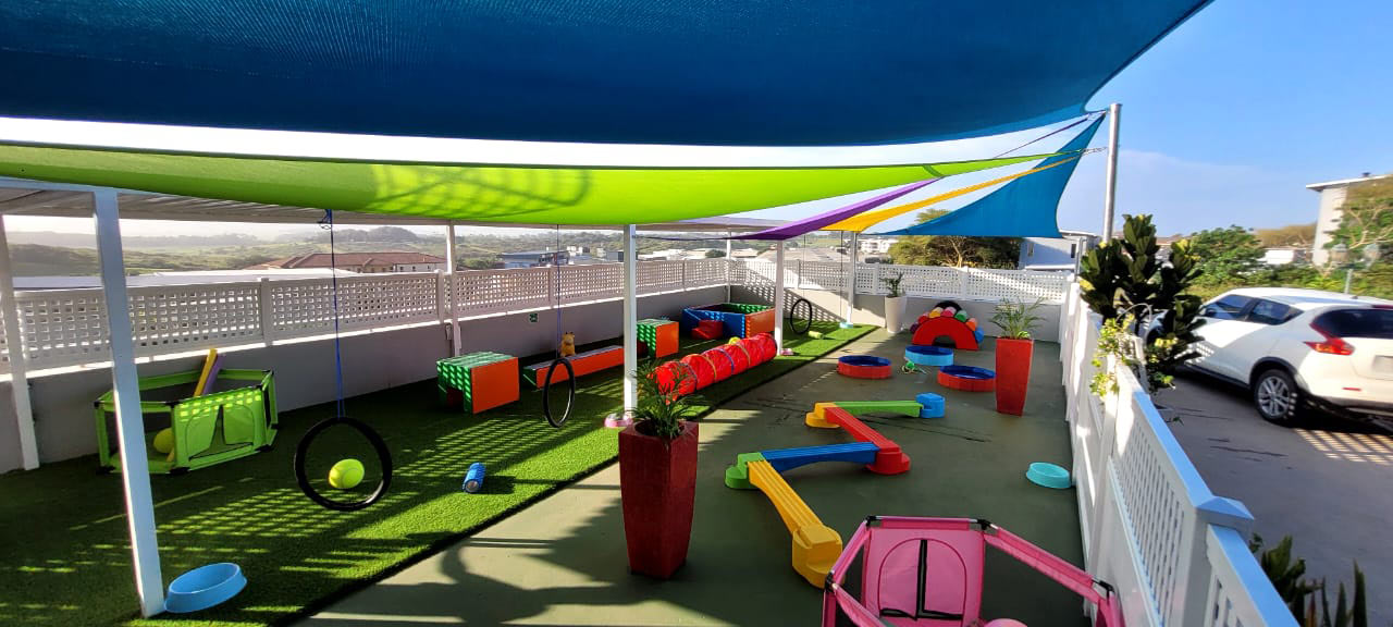 Dogtopia Ballito's rooftop outdoor play deck with shade sails and agility equipment