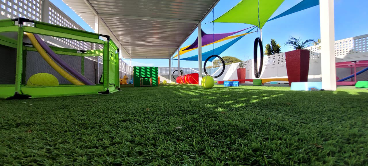 Turf close-up with agility rings on the rooftop deck