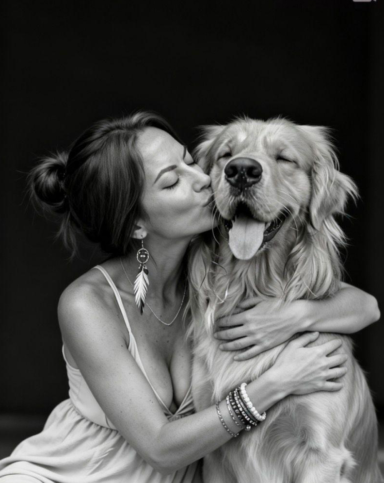 Vicky Lingley, owner of Dogtopia Ballito, embracing a Golden Retriever